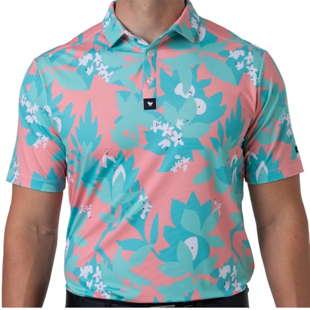 NWT! BAD BIRDIE Men’s SMALL Down Unda Coral Mint Floral Short Sleeve Polo Shirt
